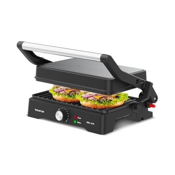 Taurus - Gril Électrique Grill&Co GR1500X | 1500W | Plaques Antiadhésives 27,5 x 17,3 cm | Couvercle Flottant 180º | Thermost