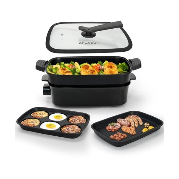 AEWHALE Grille Électrique Multifonction 3 en 1, 1500W Gril Plat Électrique et Poêle Profonde, Anti-adhésif Revêtement Multifo