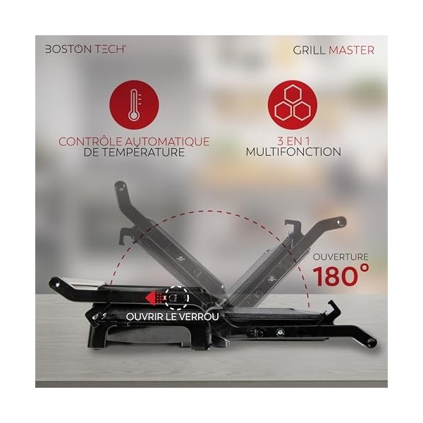 Grill Master 3 en 1 : Gril électrique, presse à sandwich et panini. Plaques en Céramique Antiadhésives, ouverture à 180°, pla