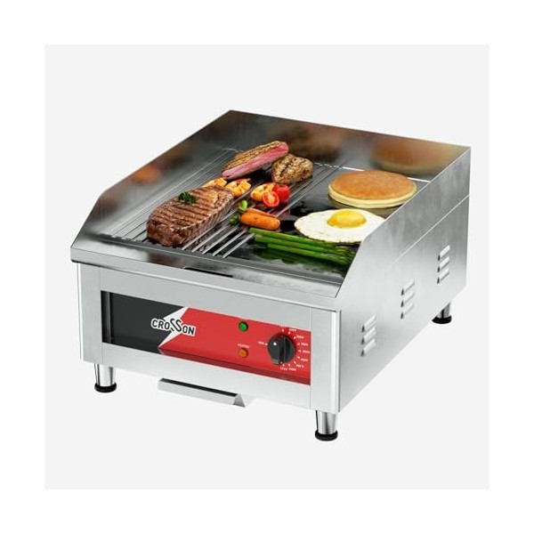 CROSSON Professional Gastro Grill Plate Electrique avec surface de gril mi-lisse et mi-rainurée 40 x 40 cm en fonte de 10 m