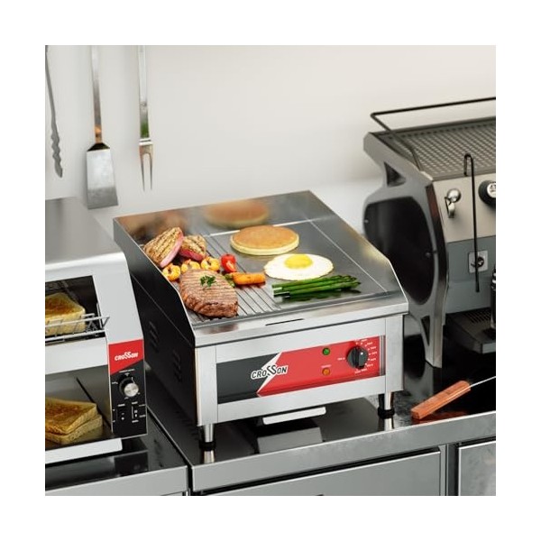 CROSSON Professional Gastro Grill Plate Electrique avec surface de gril mi-lisse et mi-rainurée 40 x 40 cm en fonte de 10 m