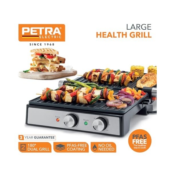 Petra Gril électrique – grandes plaques 29 x 23cm, ouverture à 180 ° pour la cuisson sur 2 surface, revêtement antiadhésif en