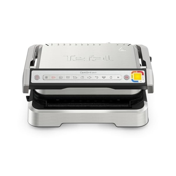 Tefal OptiGrill GC773D10 Barbecue de contact 2 en 1, pliable, 9 programmes, affichage du niveau de cuisson, pince à barbecue,