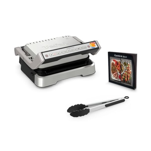 Tefal OptiGrill GC773D10 Barbecue de contact 2 en 1, pliable, 9 programmes, affichage du niveau de cuisson, pince à barbecue,