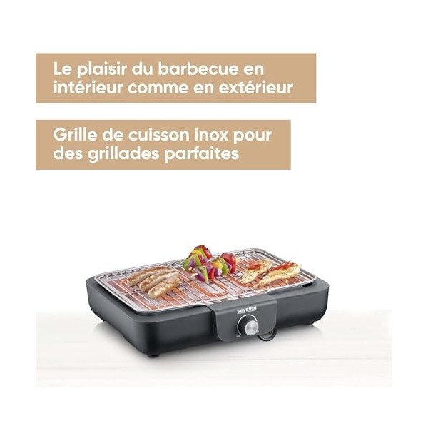 SEVERIN Barbecue Électrique 2 300 W avec Grille Inox, Barbecue de Table avec Surface de Cuisson de 37 x 29 cm, Gril de Table 