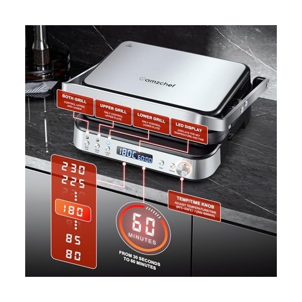 AMZCHEF 2000W Grill 4 en 1 - Plancha Electrique, Gaufrier, Grill Panini - Gris