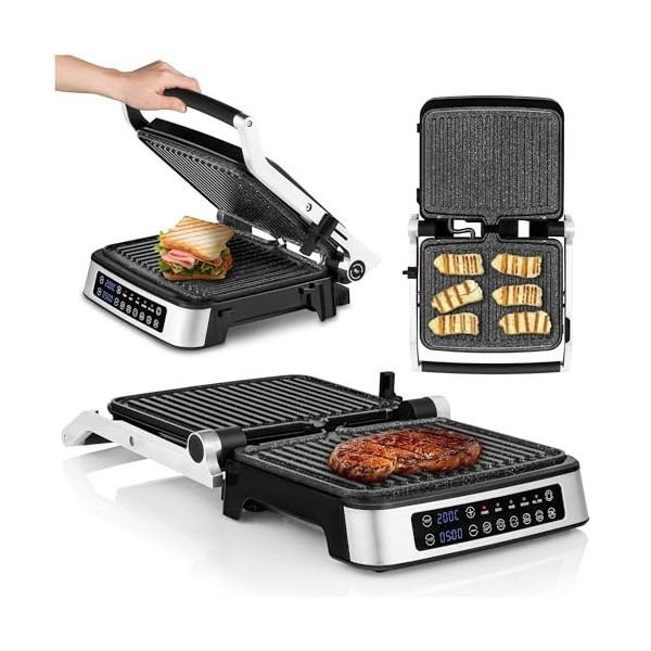 ZEEGMA Grill électrique et grille-pain 2100W, plaques chauffantes amovibles, 2en1, ouvrable à 180°, plaques ILAG antiadhésive