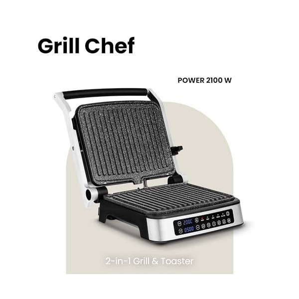 ZEEGMA Grill électrique et grille-pain 2100W, plaques chauffantes amovibles, 2en1, ouvrable à 180°, plaques ILAG antiadhésive