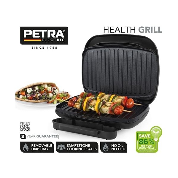 Petra PT4366MBLKVDE Gril de santé- Smartstone Plaque antiadhésive, commande de température automatique, pas dhuile nécessair