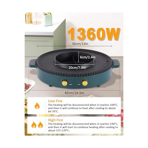 BAOSHISHAN Hot Pot Grill Grill électrique 2 en 1 avec Hot Pot 42cm BBQ Grill intérieur antiadhésif Double contrôle de tempéra
