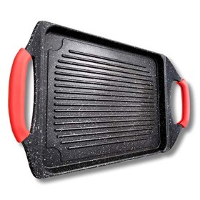 Cflagrant® Plancha/Grill 42x27cm Façon Pierre avec Poignées Silicone Amovible Tous Feux Dont Induction Sans PFOA Cuisson Sans