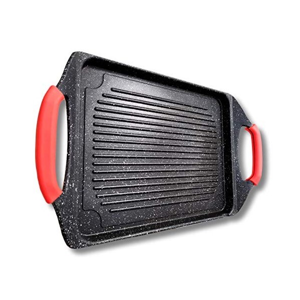Cflagrant® Plancha/Grill 42x27cm Façon Pierre avec Poignées Silicone Amovible Tous Feux Dont Induction Sans PFOA Cuisson Sans