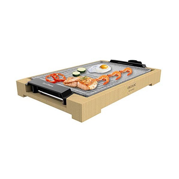 Cecotec Plancha électrique Tasty&Grill 2000 Bamboo MixStone. 2 000 W, structure bambou, thermostat réglable, surface mixte gr