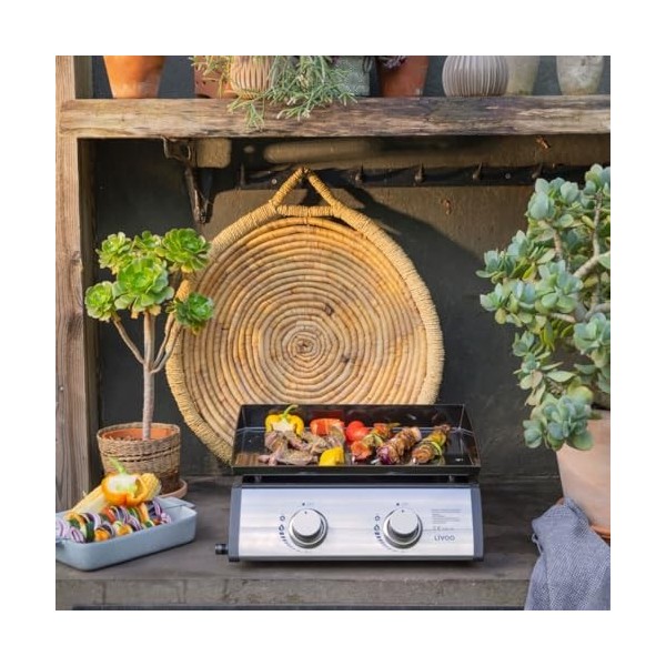 Livoo - Plancha gaz DOC296-2 brûleurs de 5kW en acier inoxydable, surface cuisson 48x36cm, 6 personnes, plaque 3,5 mm, butane