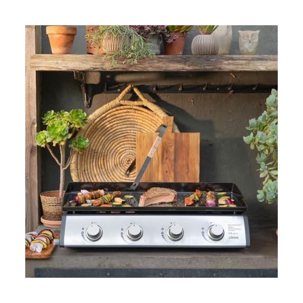 Livoo - Plancha DOC297-4 brûleurs de 10kW en acier inoxydable, surface cuisson 76x36cm, 12 personnes, plaque 3,5 mm, butane e