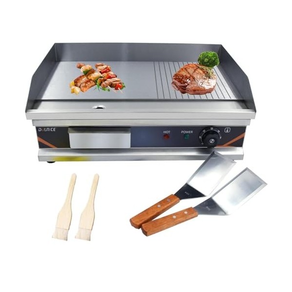 DULNICE Plancha électrique professionnelle inox 3000W Commerciale Plancha de Cuisson,Surface de Cuisson Lisse + Rainurée 220-