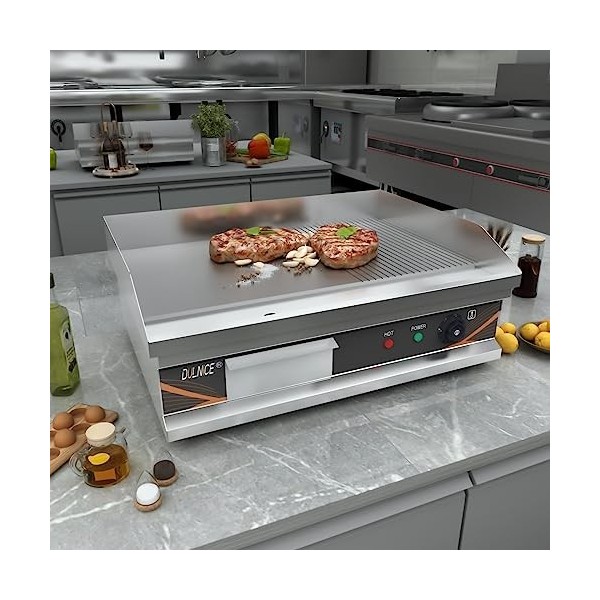 DULNICE Plancha électrique professionnelle inox 3000W Commerciale Plancha de Cuisson,Surface de Cuisson Lisse + Rainurée 220-