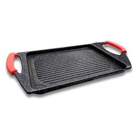 Cflagrant® Plancha/Grill 42x27cm Façon Pierre avec Poignées Silicone Amovible Tous Feux Dont Induction Sans PFOA Cuisson Sans