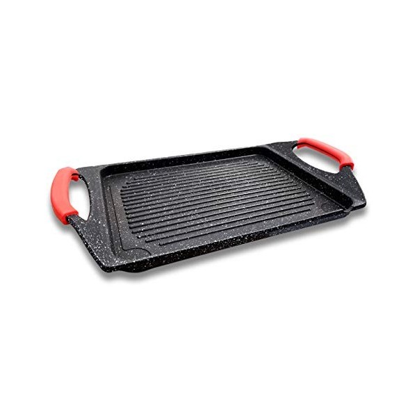 Cflagrant® Plancha/Grill 42x27cm Façon Pierre avec Poignées Silicone Amovible Tous Feux Dont Induction Sans PFOA Cuisson Sans
