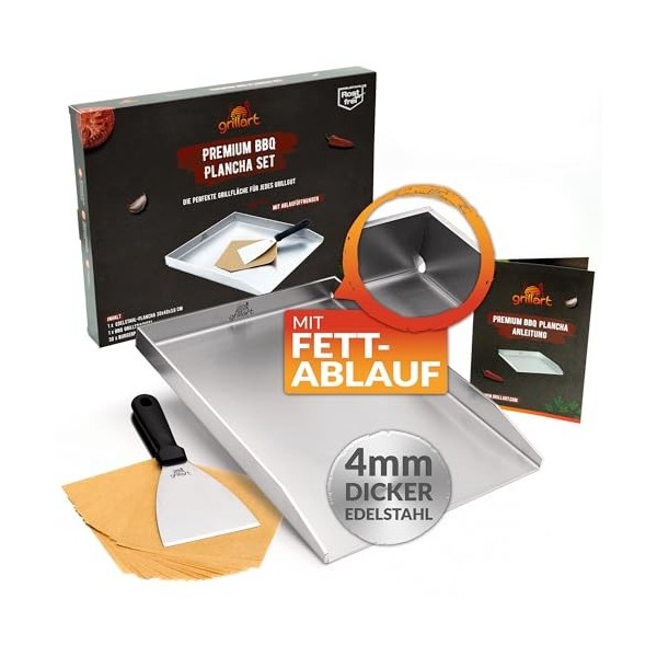 grillart® Plancha de qualité supérieure - Avec spatule pour barbecue - En acier inoxydable massif de 4 mm - 30 x 40 cm - Tail