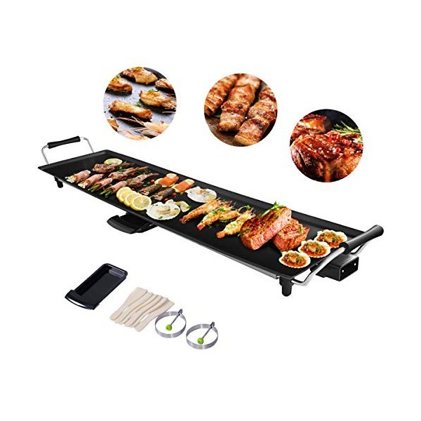 COSTWAY Plancha Electrique Antiadhésive 90X23CM avec 6 Spatules,1800W-230V,50HZContrôle de Thermostat Adjustable 5 Niveaux,Ti