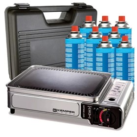 KEMPER - Plancha gaz portable 2300W plaque anti adhésive + 8 cartouches gaz camping + Valise de transport