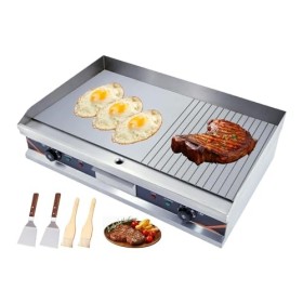 DULNICE Plancha Électrique Professionnelle en Acier Inoxydable Plaque de gril 2/3 plat + 1/3 rainure 73 * 47cm Commerciale Pl