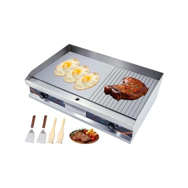 DULNICE Plancha Électrique Professionnelle en Acier Inoxydable Plaque de gril 2/3 plat + 1/3 rainure 73 * 47cm Commerciale Pl