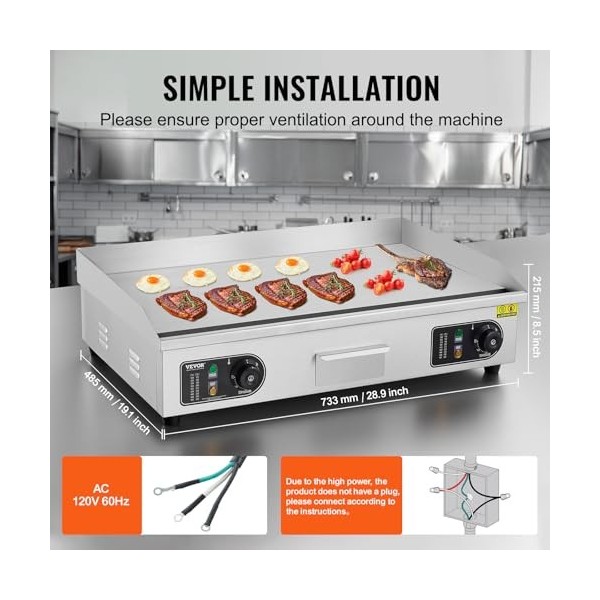 VEVOR Plancha Électrique 4400 W, Plaque à Snacker Commerciale, Plaque de Cuisson en Fer et Acier Inoxydable, Température Régl