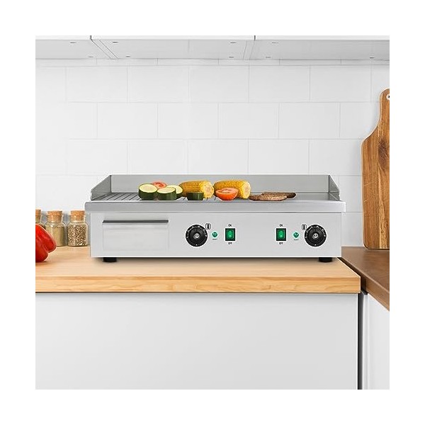 vertes Plancha Électrique Professionnelle 4400W en Acier Inoxydable Surface de Gril Lisse & avec Rainures 74x41cm, 2x Thermo