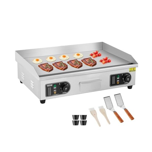 VEVOR Plancha Électrique 4000 W, Plaque à Snacker Commerciale Plate, Plaque de Cuisson en Fer et Inox, Température Réglable 5