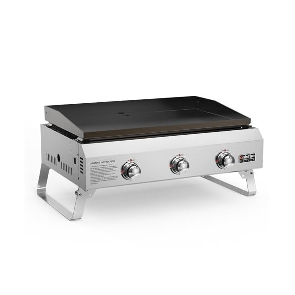 onlyfire Plancha au Gaz 3 Brûleurs en Acier Inoxydable avec Revêtement Laqué Céramique Plaque de Gril, Barbecue à Gaz Portabl