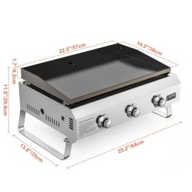 onlyfire Plancha au Gaz 3 Brûleurs en Acier Inoxydable avec Revêtement Laqué Céramique Plaque de Gril, Barbecue à Gaz Portabl