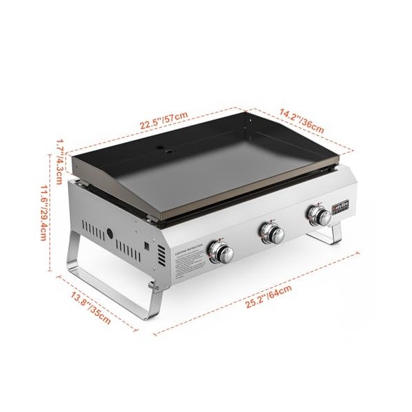 onlyfire Plancha au Gaz 3 Brûleurs en Acier Inoxydable avec Revêtement Laqué Céramique Plaque de Gril, Barbecue à Gaz Portabl