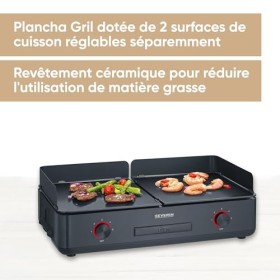 SEVERIN Plancha réglable jusquà 240°C, 2 200 W, Plaque de cuisson au revêtement céramique pour viandes, poissons & légumes, 