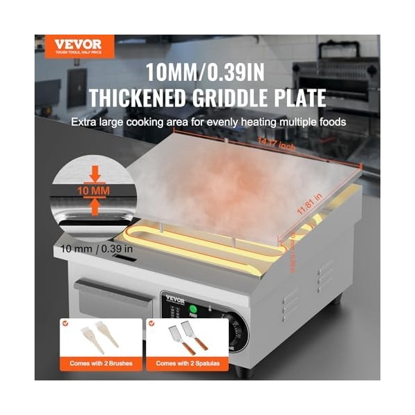 VEVOR Plancha Électrique 2000 W, Plaque à Snacker Commerciale Plate, Plaque de Cuisson en Fer, avec Température Réglable 50-3