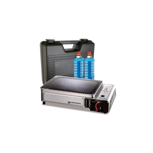 KEMPER - Plancha gaz portable 2300W plaque anti adhésive + 2 cartouches de gaz camping + Valise de transport