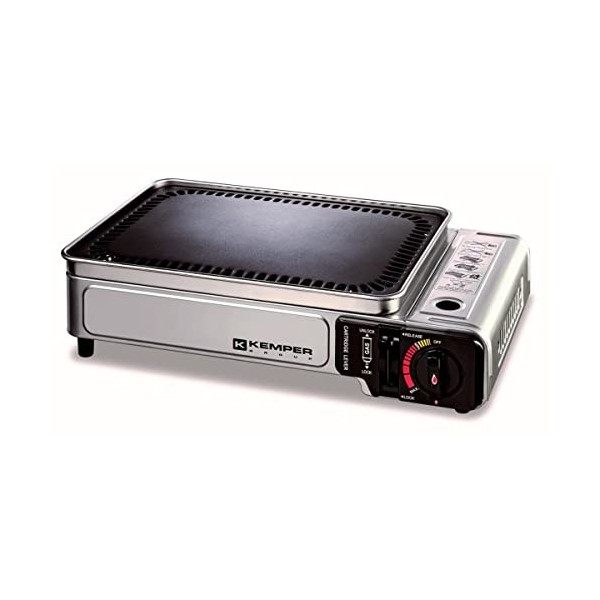 KEMPER - Plancha gaz portable 2300W plaque anti adhésive + 2 cartouches de gaz camping + Valise de transport