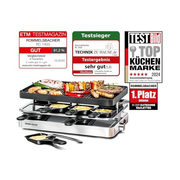 ROMMELSBACHER Raclette Grill RC 1400 - Plaque réversible pour griller et crêpes - 8 poêlons - Revêtement antiadhésif - Interr