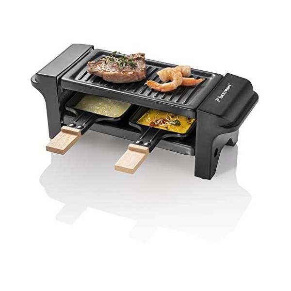 Bestron Appareil a raclette, Mini Grill pour 1 à 2 personnes, avec 2 poêlons et 2 spatules, avec revêtement antiadhésif, 350 