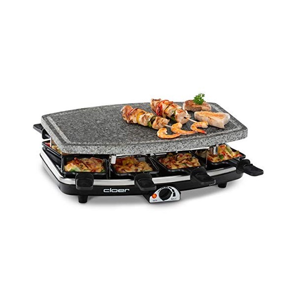 Cloer 6430 Raclette gril avec pierre de cuisson naturelle, inclus 8 poêlons anti-adhésifs pour faciliter le retrait des alime