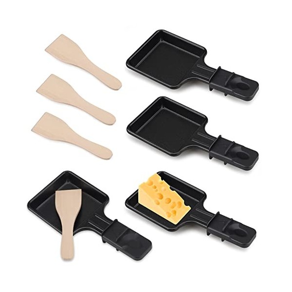 Raclette Poêlons 4 Pièces Revêtement Antiadhésif Mini Raclette Set avec 4 Pelle en bois Portable Plateau de cuisson pour From