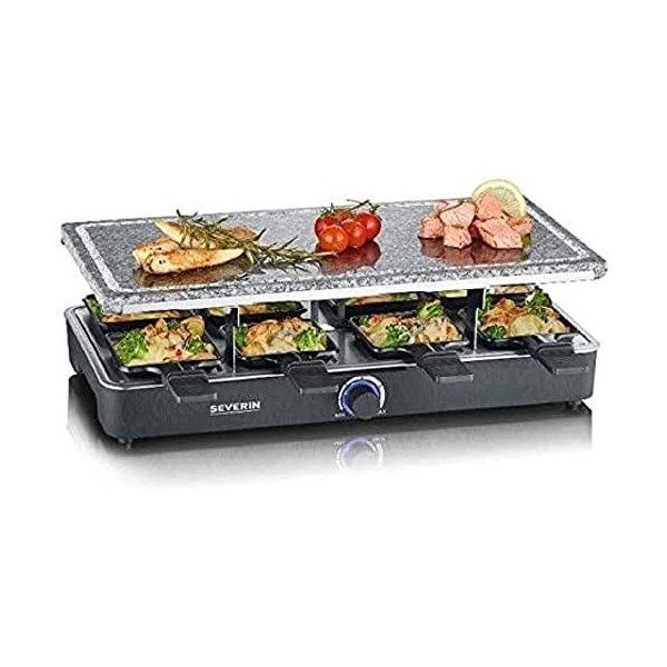 SEVERIN Raclette Gril 8 personnes, Pierre de Cuisson Naturelle, Thermostat Réglable, Surface de Cuisson 46 X 23 cm, Noir, RG 