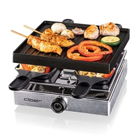 Cloer 6454 Raclette gril avec plaque en aluminium moulé sous pression, 4 poêlons à raclette antiadhésifs, spatule en plastiqu