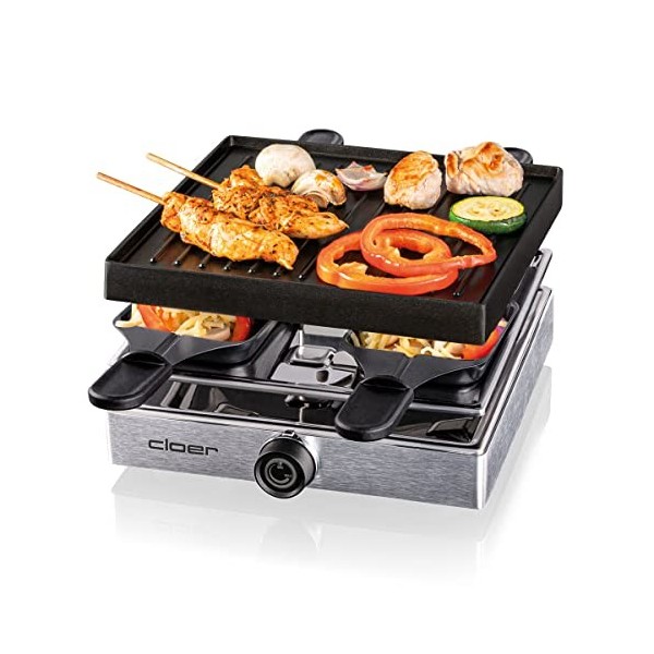 Cloer 6454 Raclette gril avec plaque en aluminium moulé sous pression, 4 poêlons à raclette antiadhésifs, spatule en plastiqu