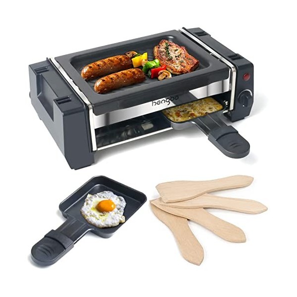 HengBO Appareil Raclette 2 Personnes Mini Grill Raclette avec 2 Poêlons à Raclette et 4 Grattoirs en Bois, Thermostat réglabl