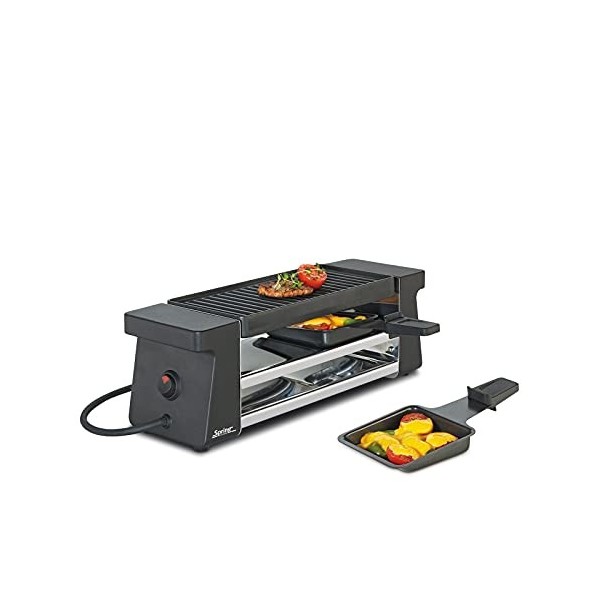 Spring Appareil à raclette Compact pour 2 Personnes - Noir - Plaque de Cuisson en Aluminium antiadhésive - 2 poêlons à raclet