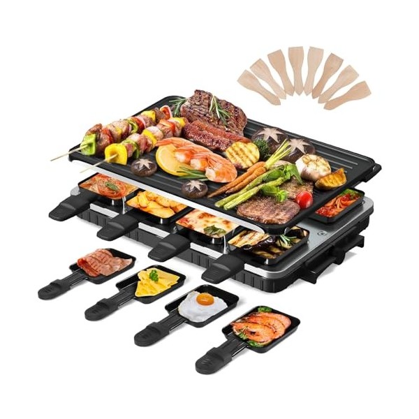 2-en-1 Gril à raclette 8 personnes Gril de table électrique Anti-adhésif Plaque de cuisson réversible électrique Raclette san