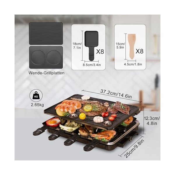 2-en-1 Gril à raclette 8 personnes Gril de table électrique Anti-adhésif Plaque de cuisson réversible électrique Raclette san