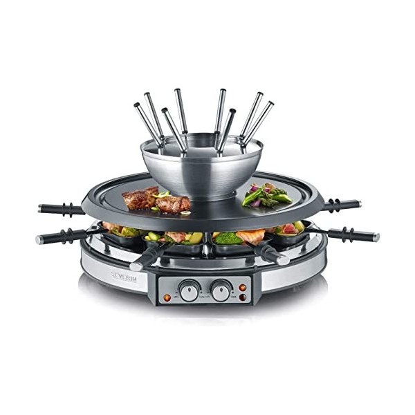 SEVERIN Appareil à Fondue et Raclette pour 8 personnes, Appareil à raclette 2 en 1 avec Plaque de cuisson et Service à fondue...